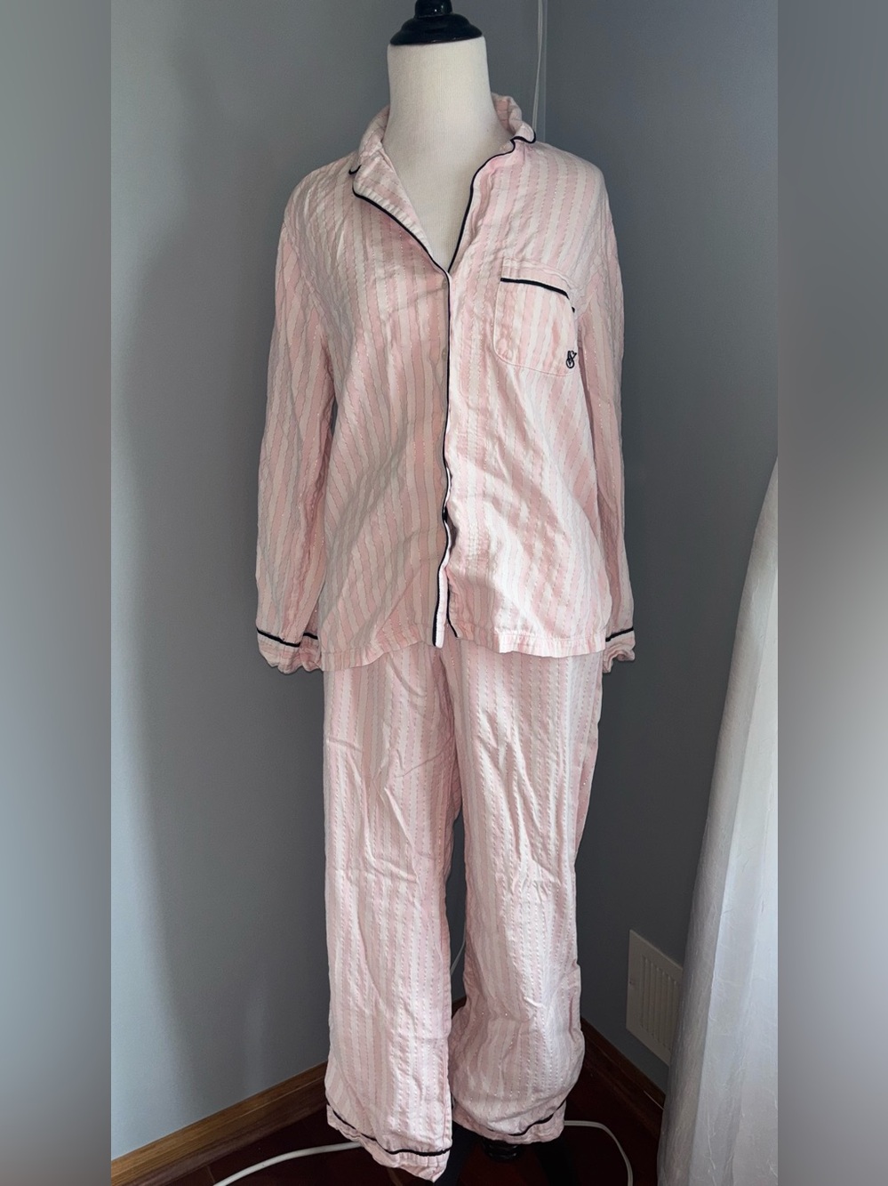 Victoria's Secret Pale Pink Pajama Set with Black Piping